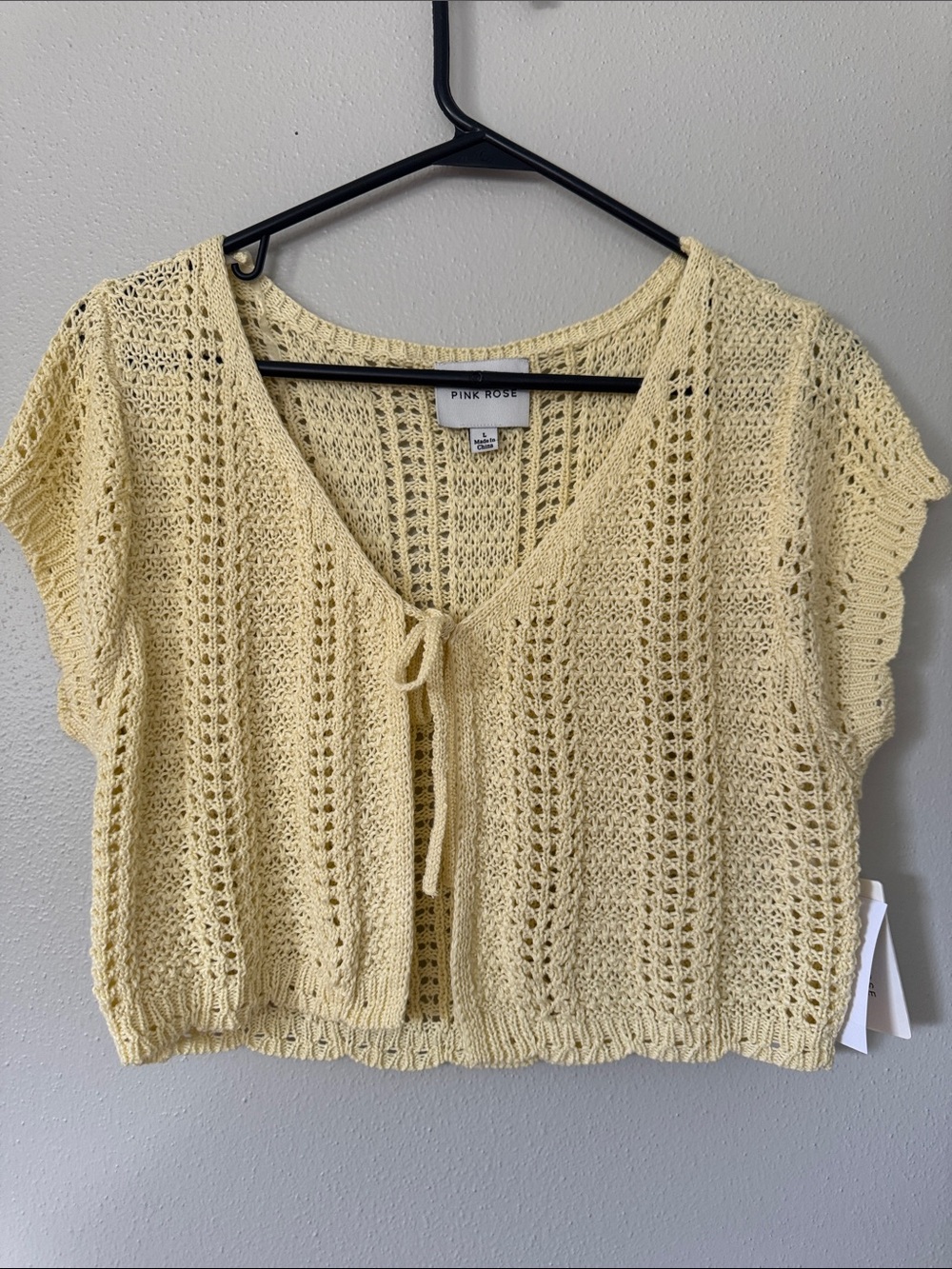 Pink Rose Yellow Open-Knit Tie-Front Cropped Tunic